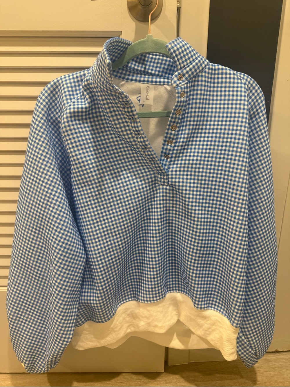 ALTAR’D State Blue Gingham Ballon Sleeve Pullover with White Hem size L